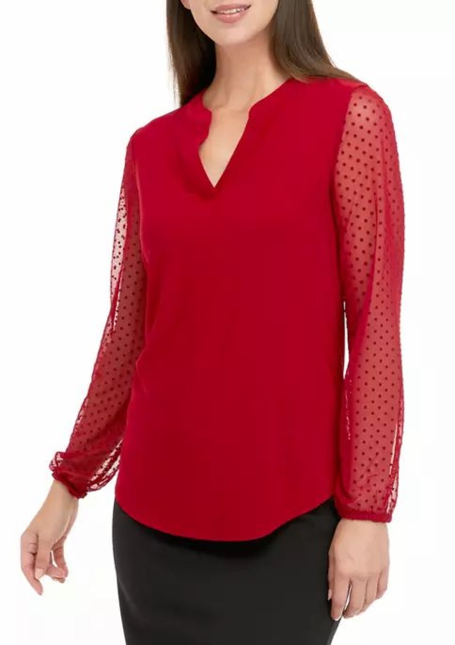 Women * | Best Reviews Of Kasper Petite Long Sleeve Split Neck With Point D'Espirit Blouse Fire Red