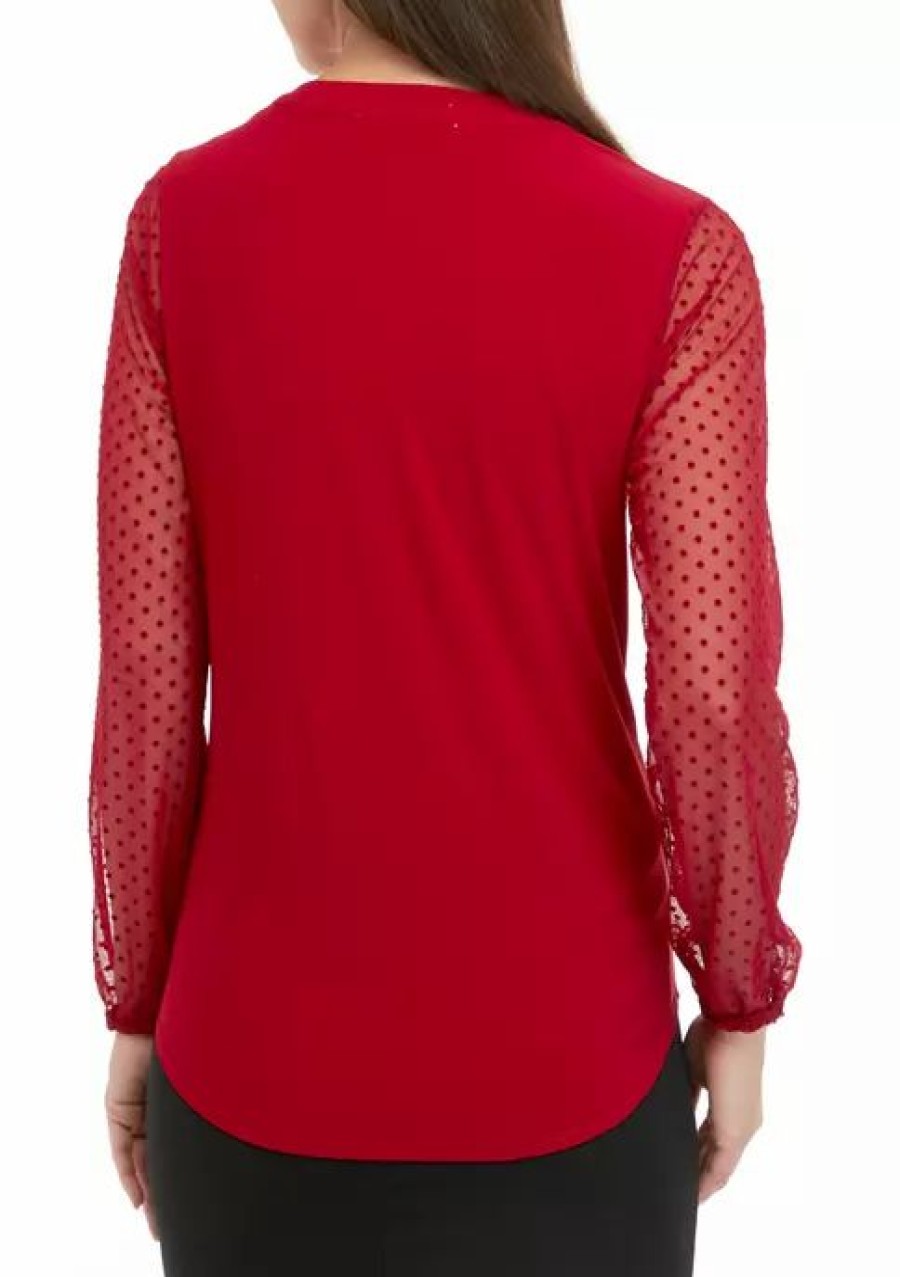 Women * | Best Reviews Of Kasper Petite Long Sleeve Split Neck With Point D'Espirit Blouse Fire Red