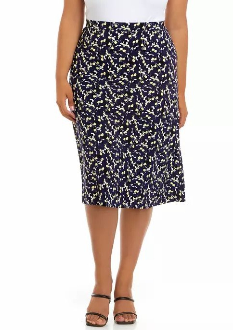 Women * | New Kasper Plus Size Pull On Floral Printed Midi Skirt Kasper Navy Multi