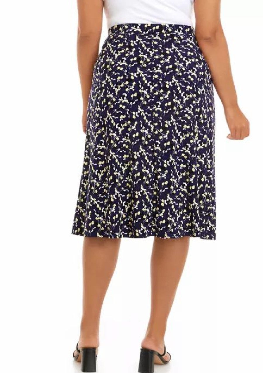 Women * | New Kasper Plus Size Pull On Floral Printed Midi Skirt Kasper Navy Multi