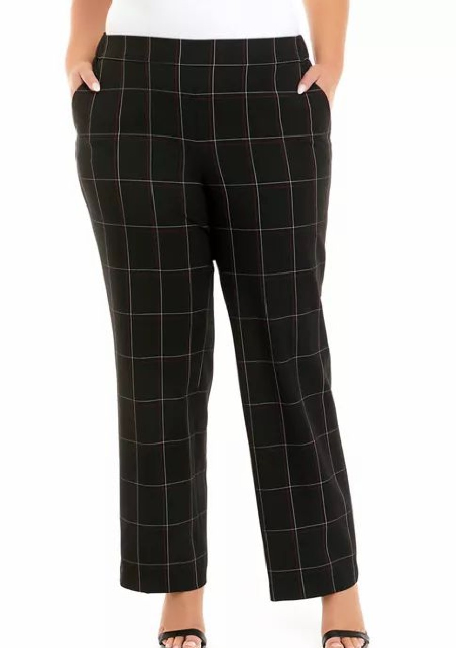 Women * | Best Sale Kasper Plus Size Wide Leg Windowpane Print Pants Black Multi