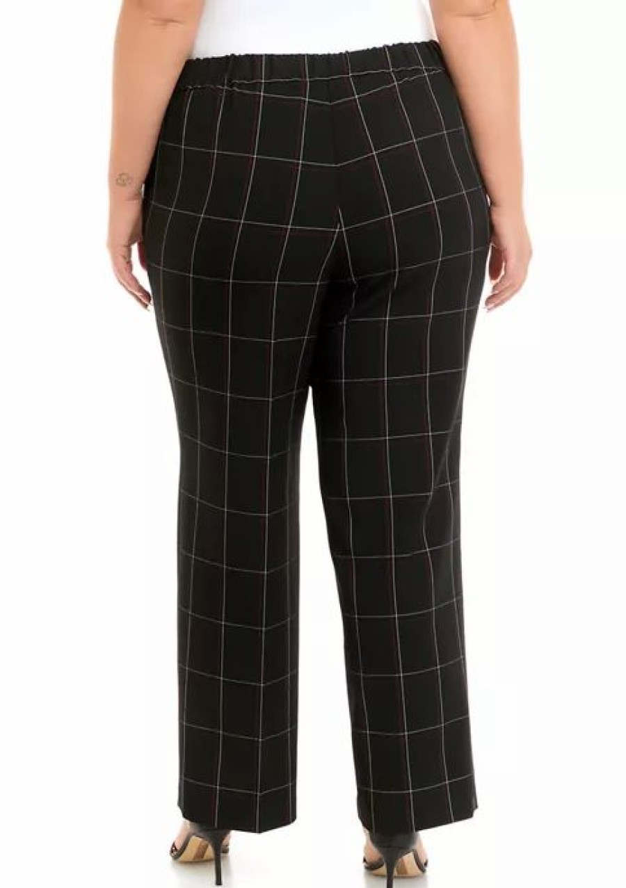 Women * | Best Sale Kasper Plus Size Wide Leg Windowpane Print Pants Black Multi