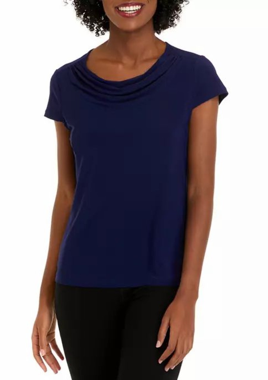 Women * | New Kasper Women'S Cap Sleeve Cowl Neck Solid Top Kasper Navy