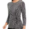 Women * | Budget Kasper Women'S 3/4 Sleeve Metallic Knit Zebra Side Tie Top Black/Silver