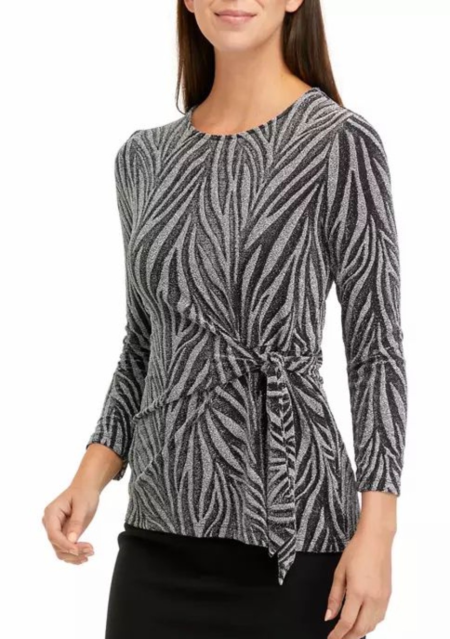 Women * | Budget Kasper Women'S 3/4 Sleeve Metallic Knit Zebra Side Tie Top Black/Silver