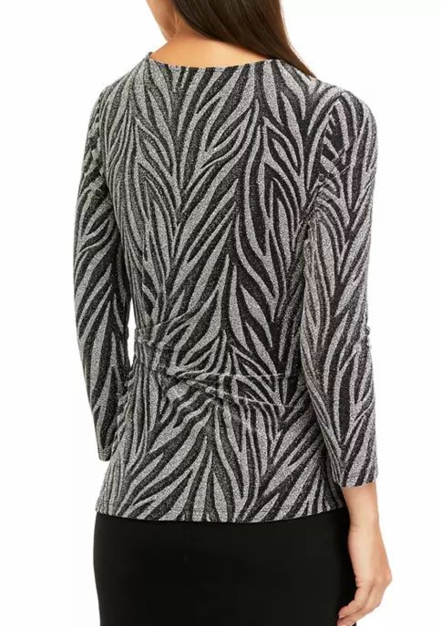 Women * | Budget Kasper Women'S 3/4 Sleeve Metallic Knit Zebra Side Tie Top Black/Silver