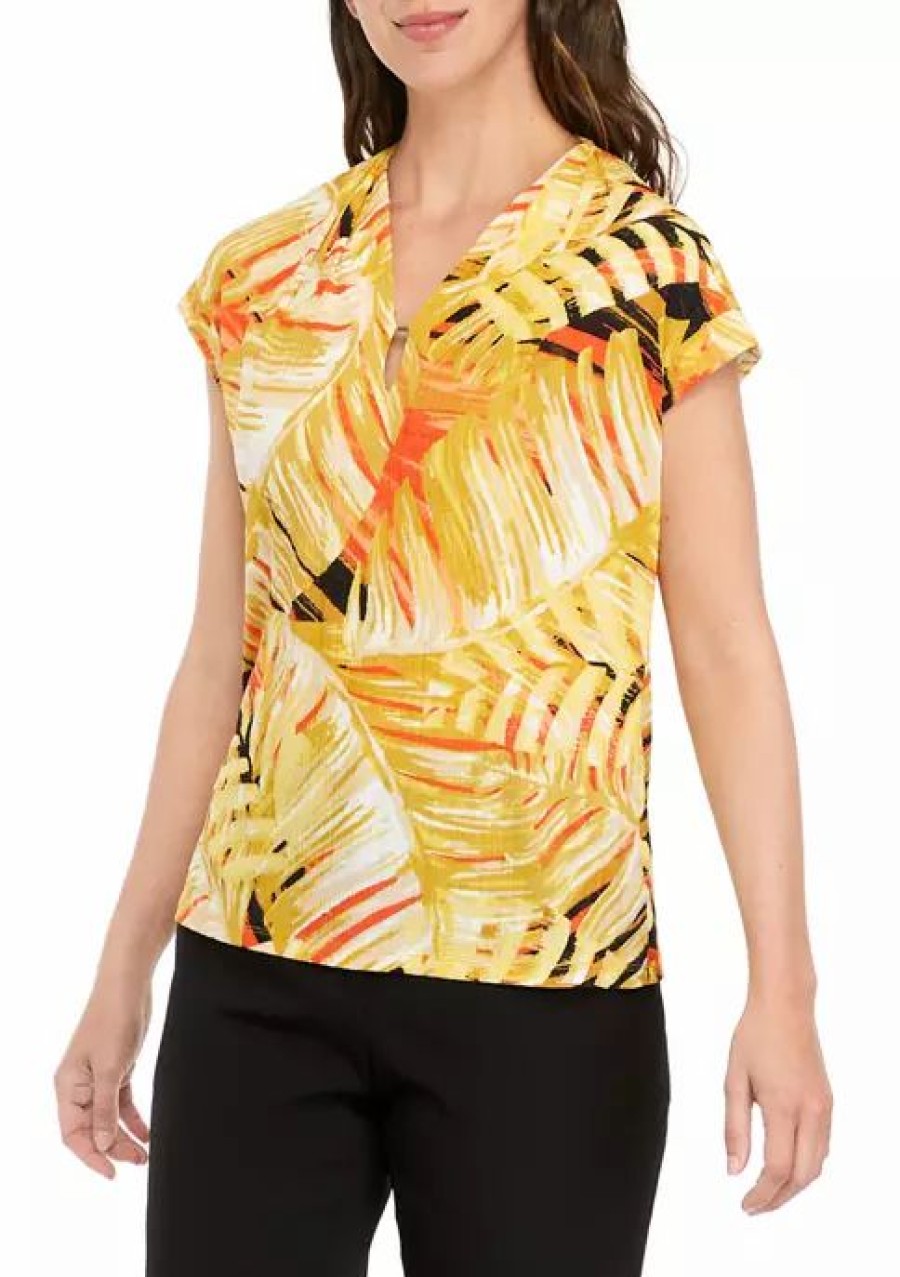 Women * | New Kasper Women'S Short Sleeve Pleat Neck Floral Knit Top Papaya/Butterscotch