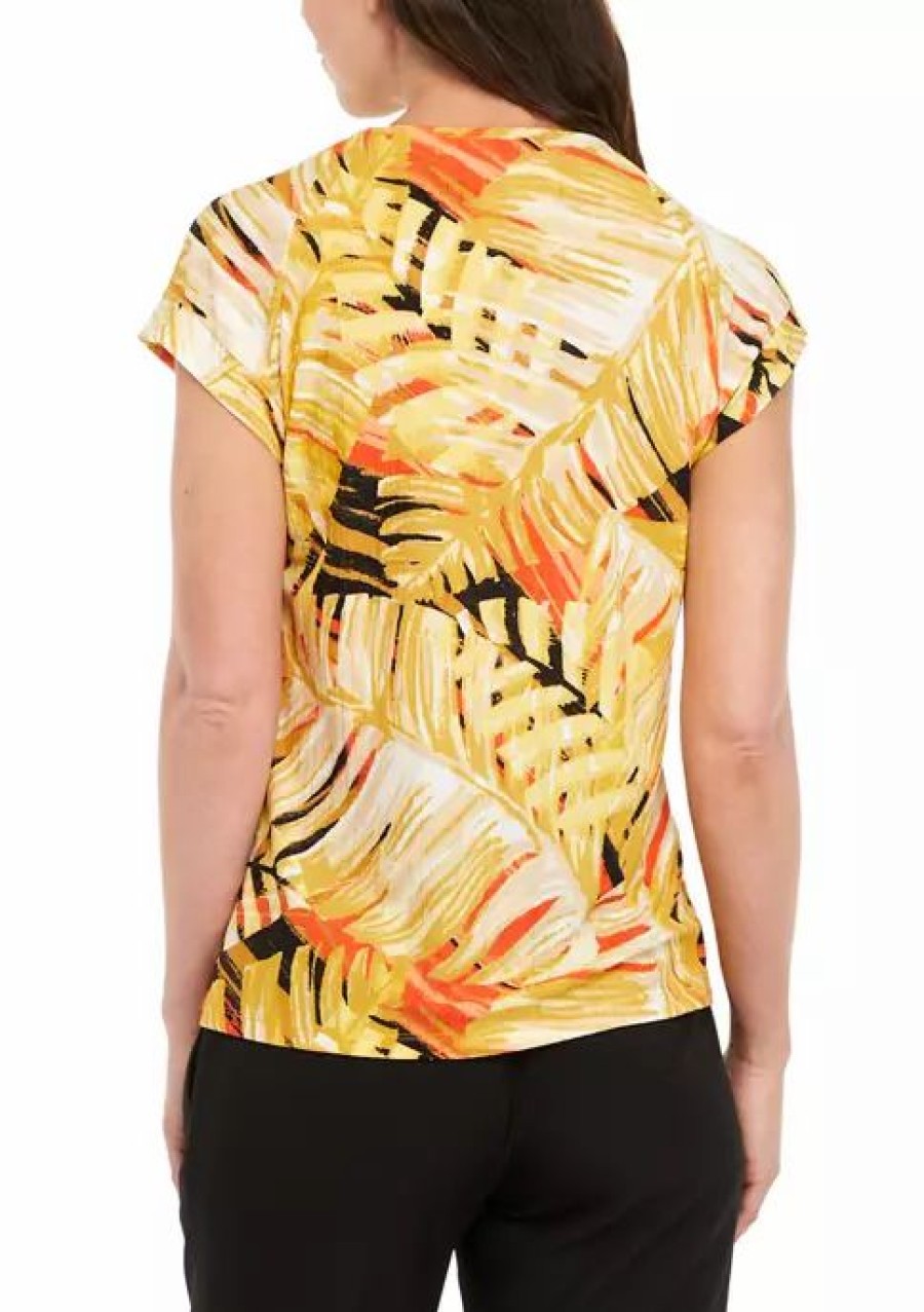 Women * | New Kasper Women'S Short Sleeve Pleat Neck Floral Knit Top Papaya/Butterscotch