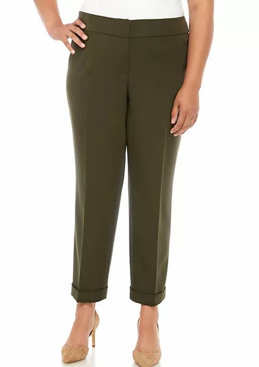 Women * | Cheap Kasper Plus Size Solid Ankle Cuff Pants Basil