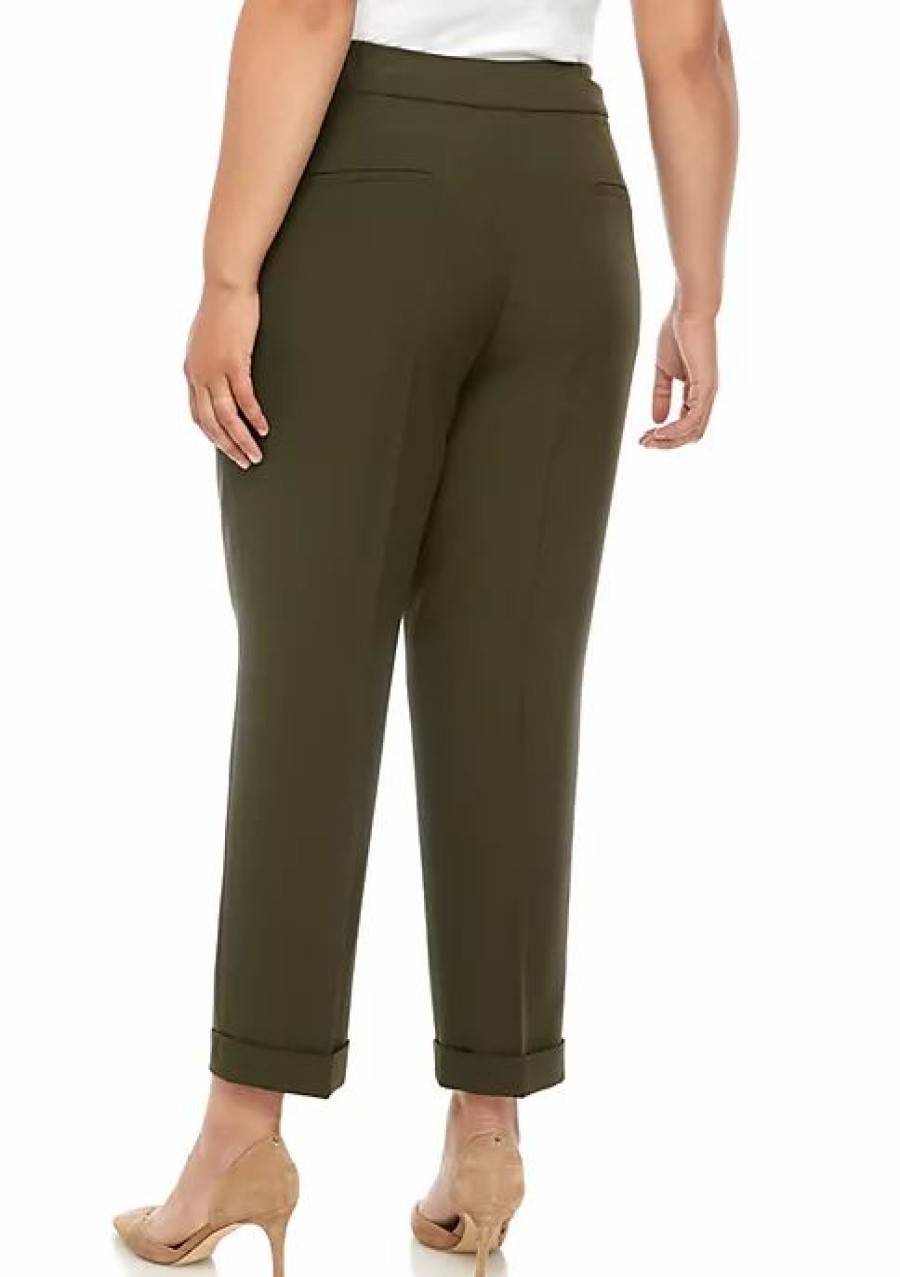 Women * | Cheap Kasper Plus Size Solid Ankle Cuff Pants Basil