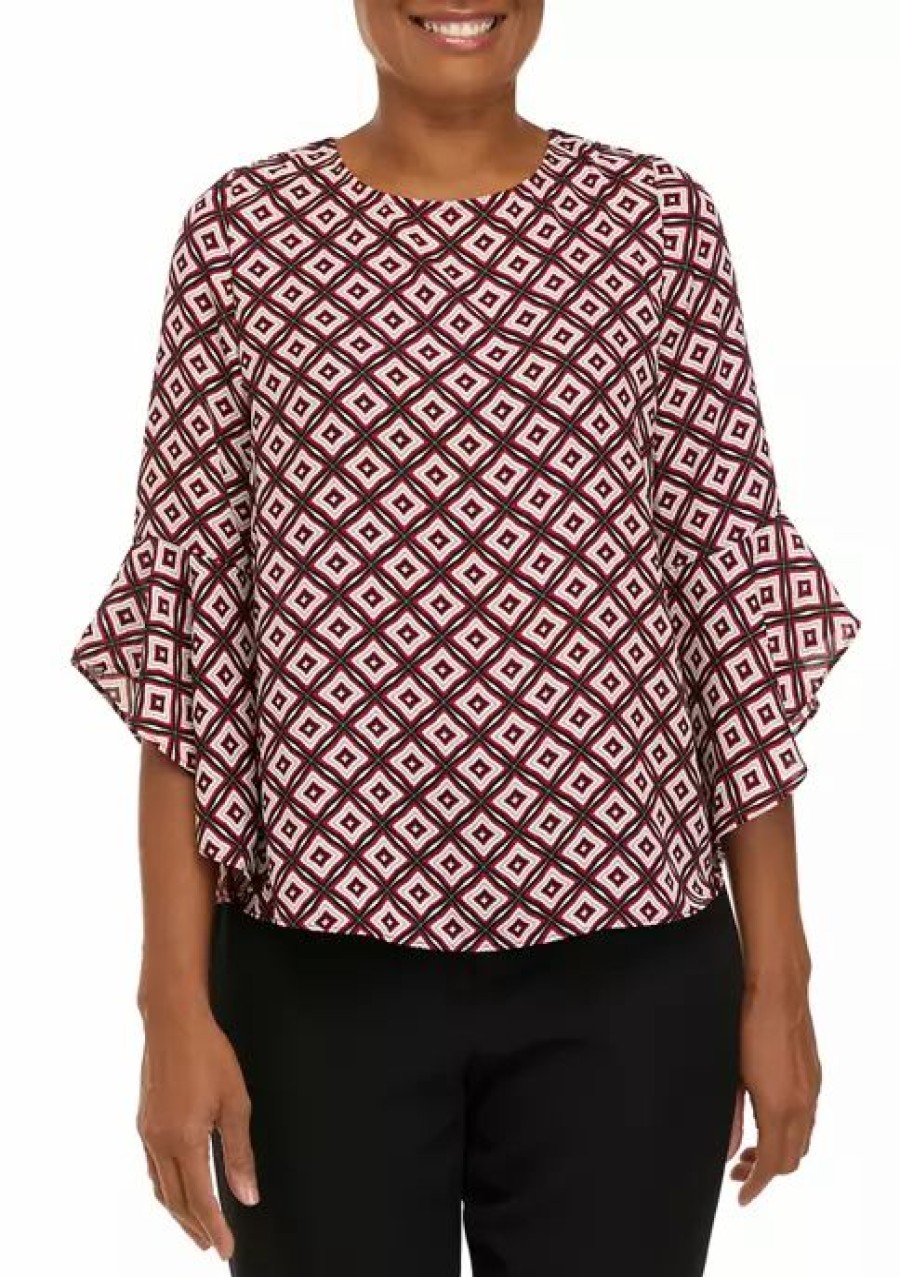 Women * | Deals Kasper Women'S Bell Sleeve Geo Print Woven Blouse