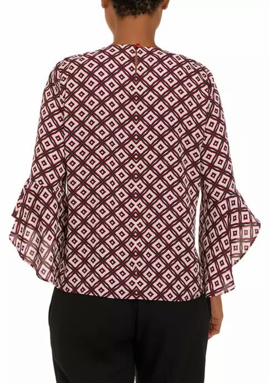 Women * | Deals Kasper Women'S Bell Sleeve Geo Print Woven Blouse