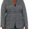 Women * | Hot Sale Kasper Plus Size Long Sleeve Plaid Notch Two-Button Jacket Royal Blue Combo