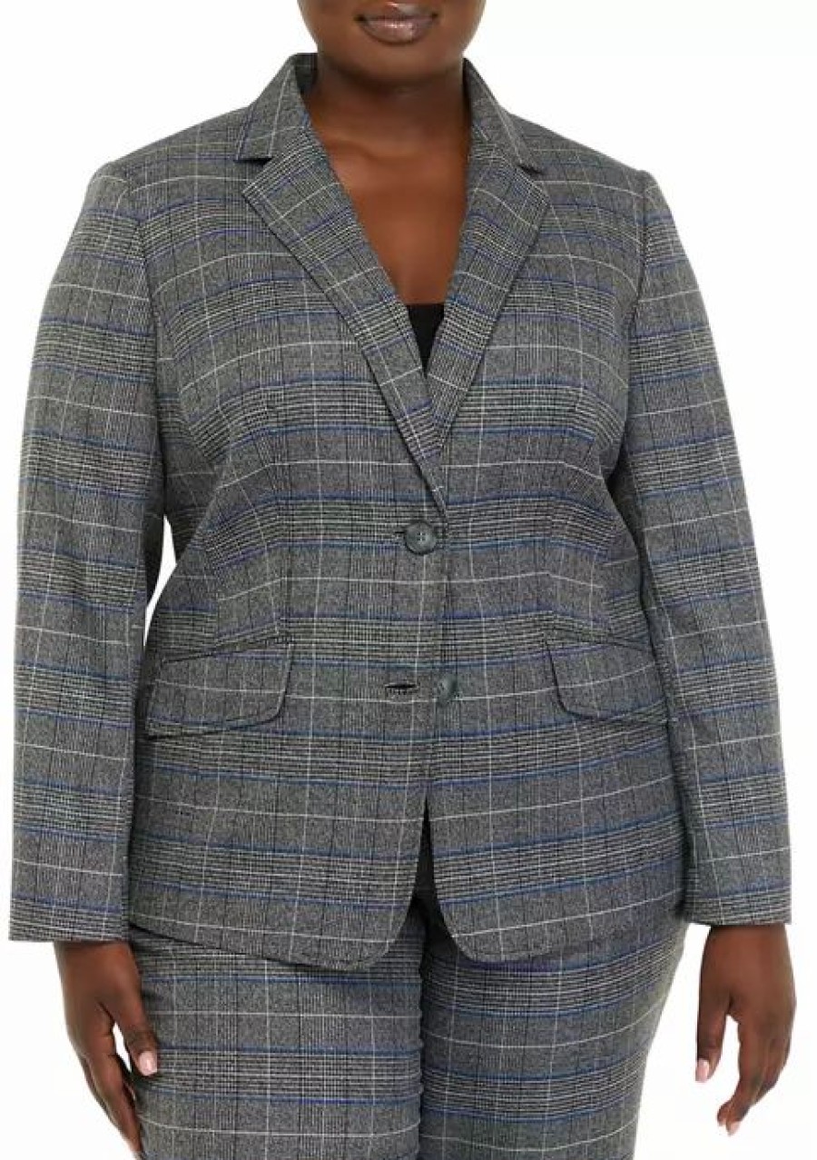 Women * | Hot Sale Kasper Plus Size Long Sleeve Plaid Notch Two-Button Jacket Royal Blue Combo