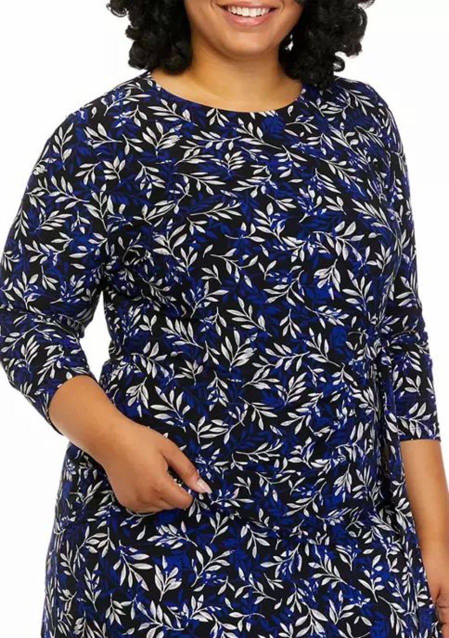 Women * | Best Sale Kasper Plus Size Leaf Print Side Tie Top Black/Royal Blue Combo