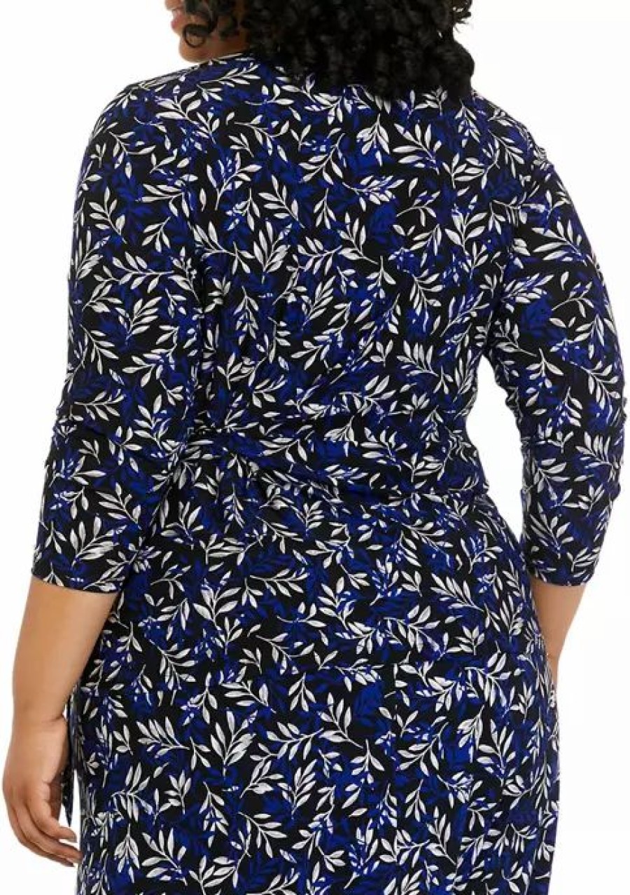 Women * | Best Sale Kasper Plus Size Leaf Print Side Tie Top Black/Royal Blue Combo