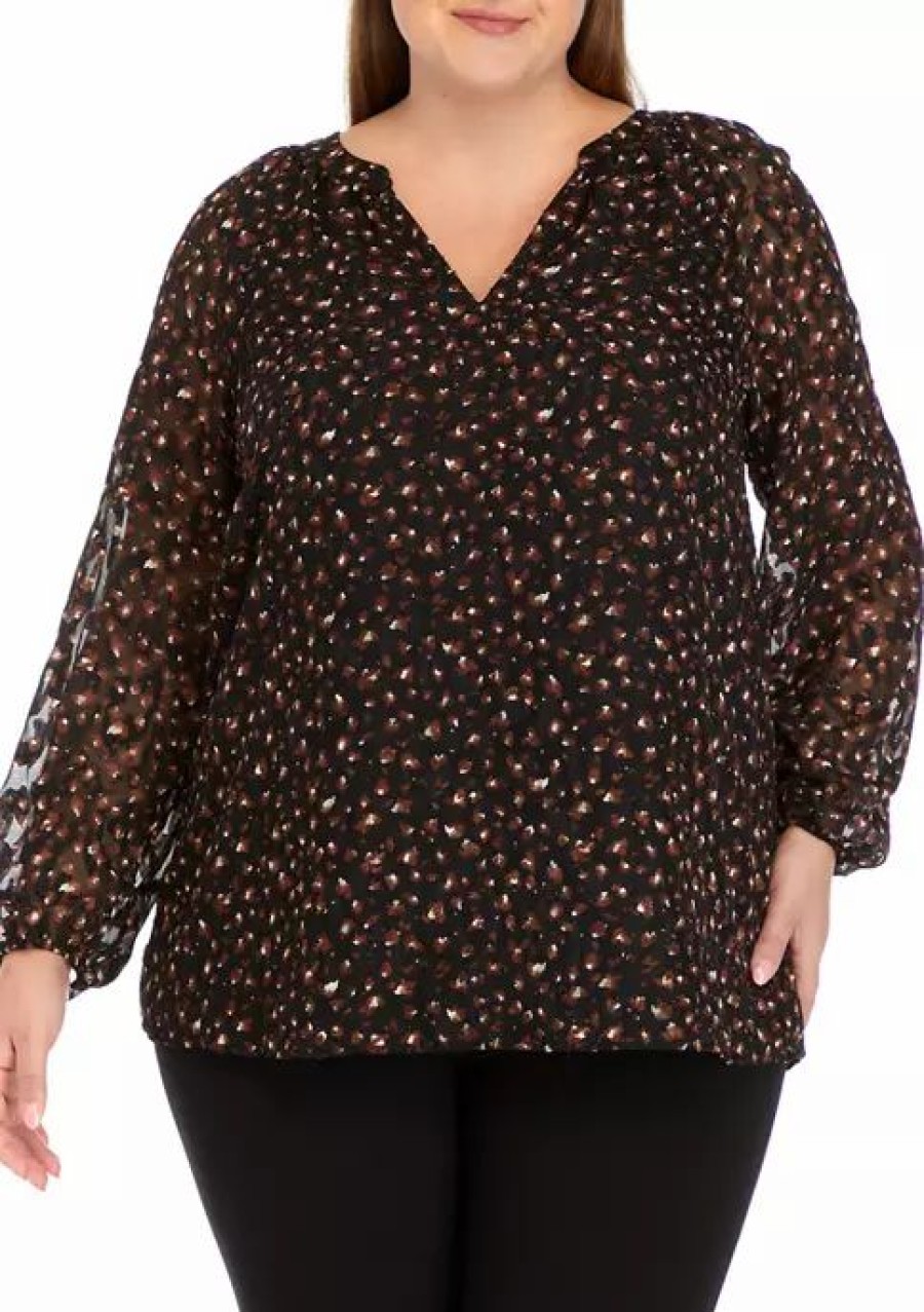 Women * | Budget Kasper Plus Size Animal Print V-Neck Blouse With Gathered Cuffs Black Combo