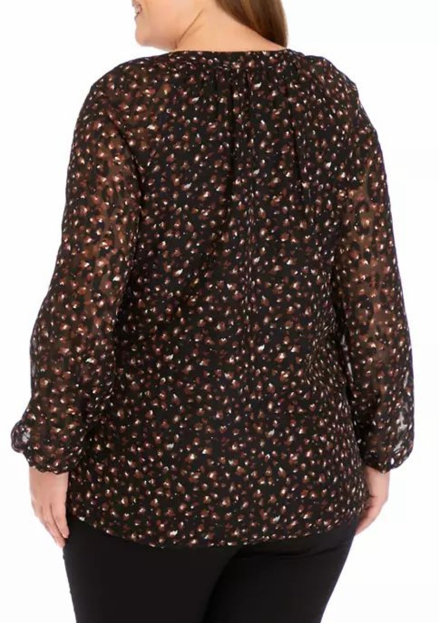 Women * | Budget Kasper Plus Size Animal Print V-Neck Blouse With Gathered Cuffs Black Combo