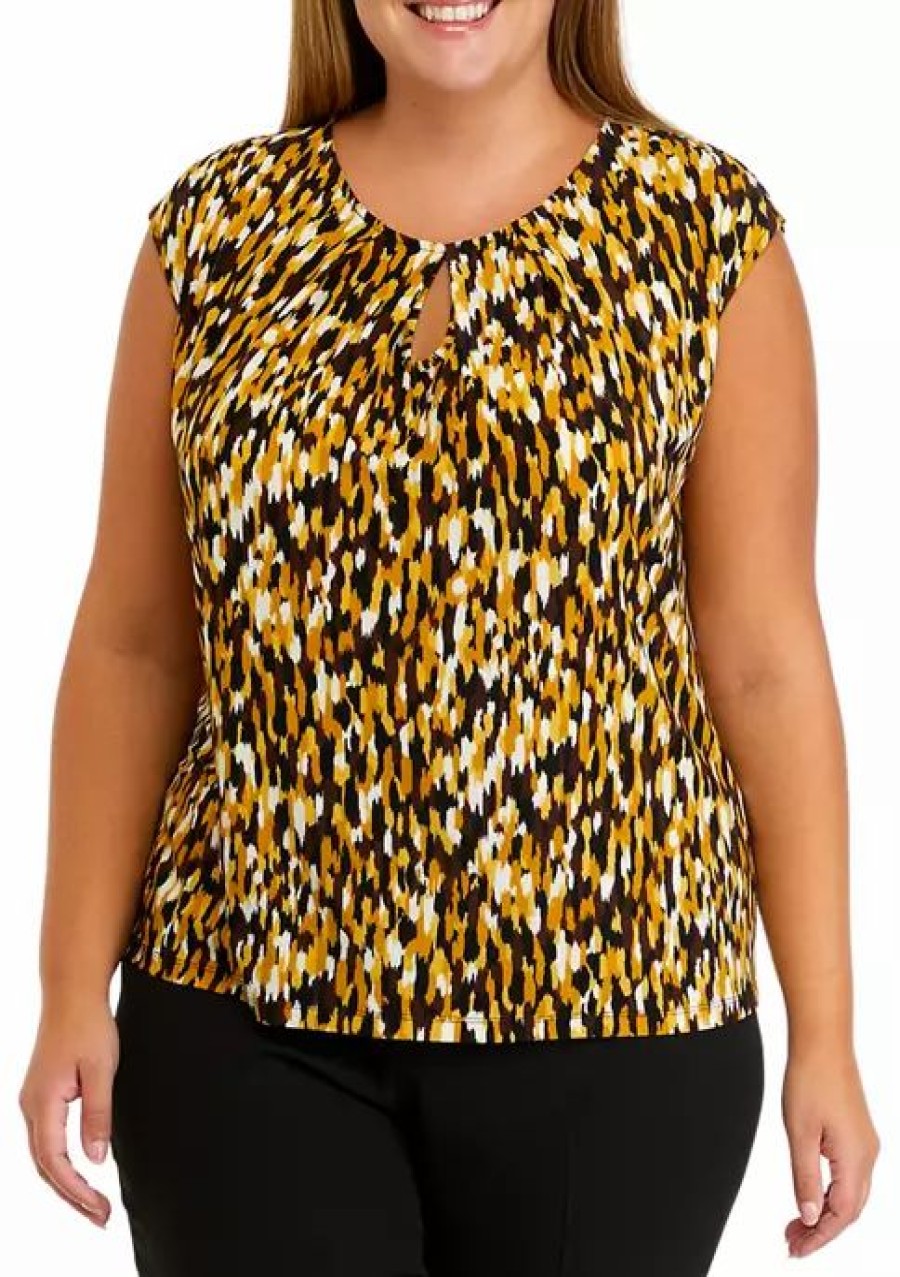 Women * | Budget Kasper Plus Size Sleeveless Keyhole Abstract Print Top Marigold Combo