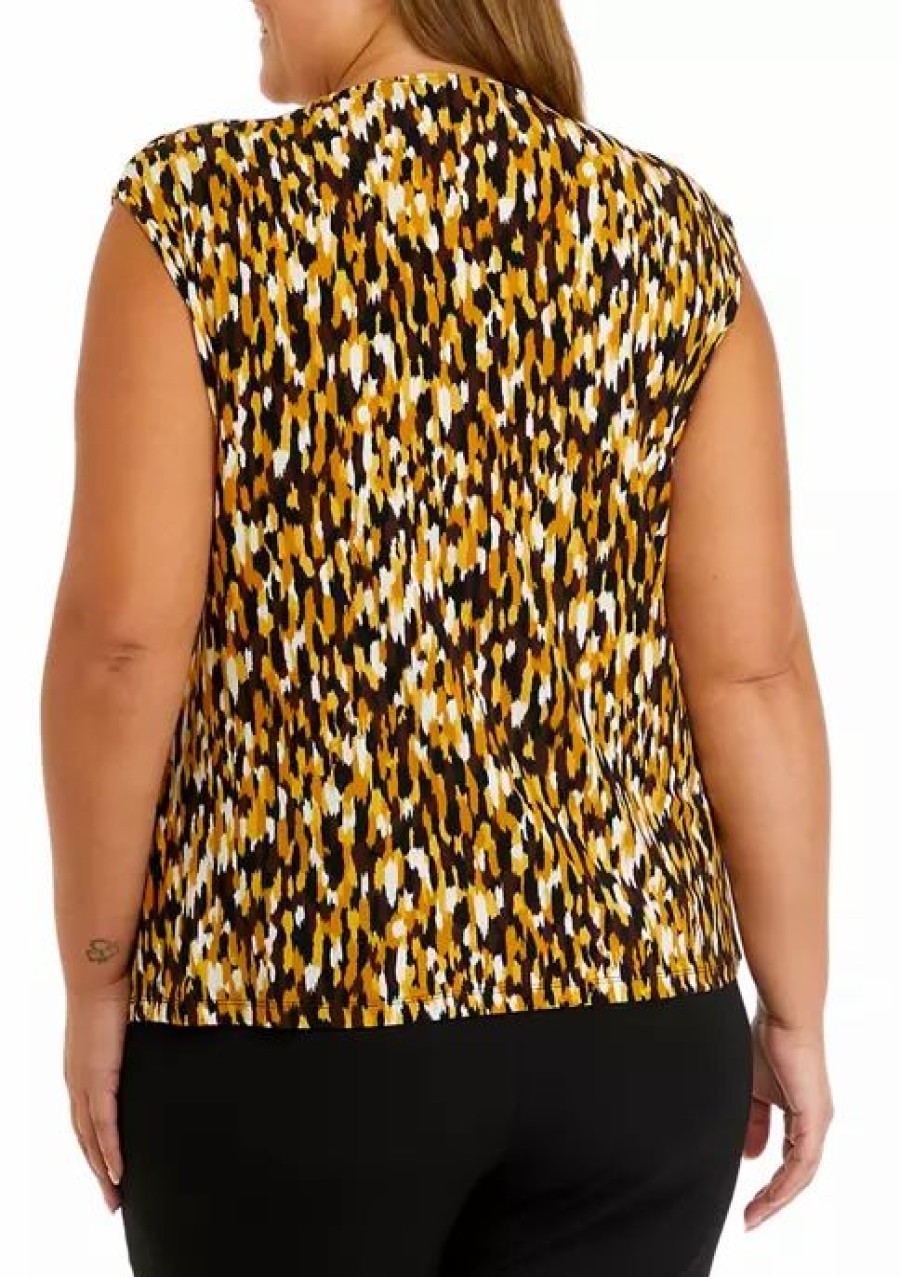 Women * | Budget Kasper Plus Size Sleeveless Keyhole Abstract Print Top Marigold Combo