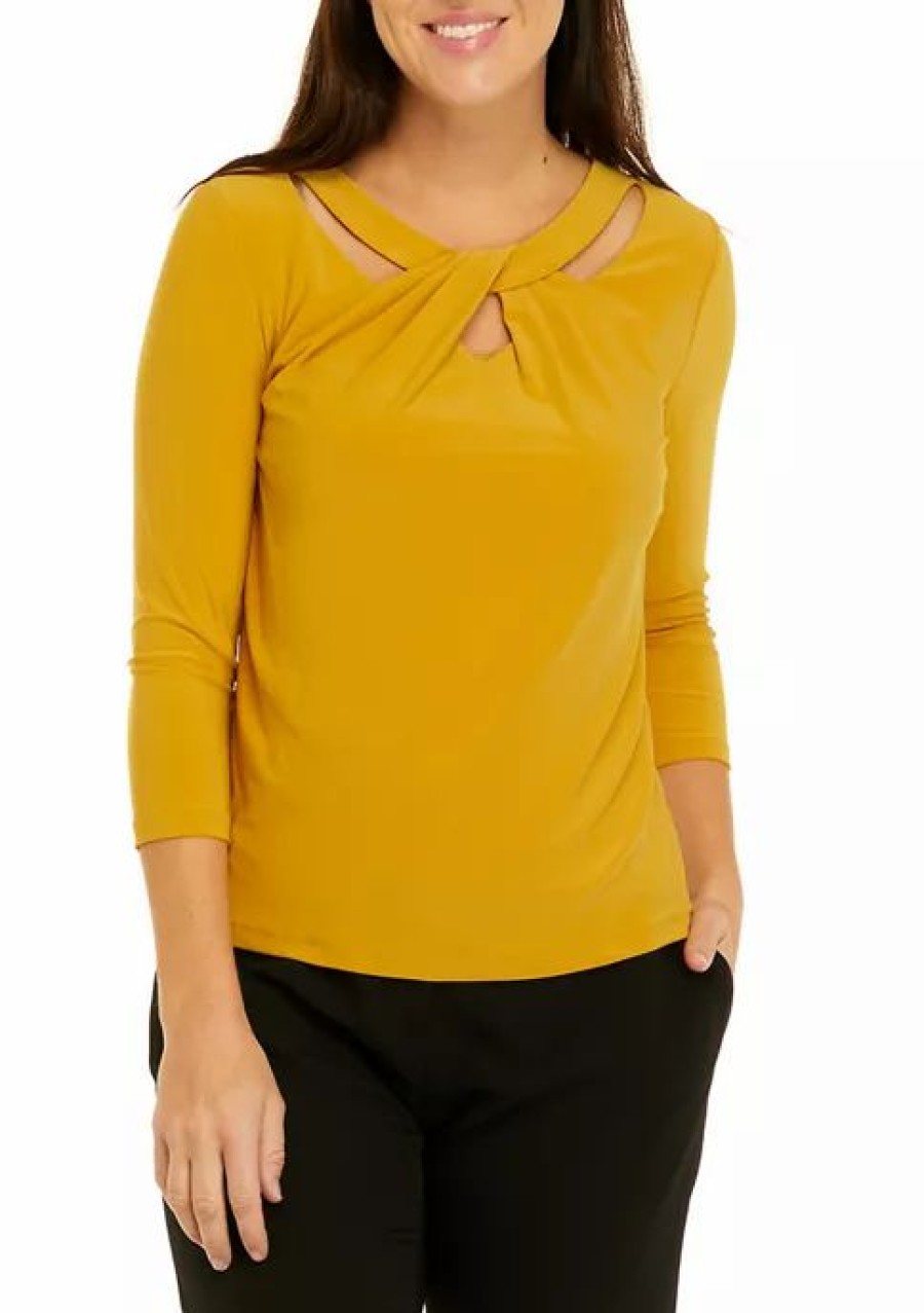 Women * | Buy Kasper Petite 3/4 Sleeve Criss Cross Neck Top Marigold