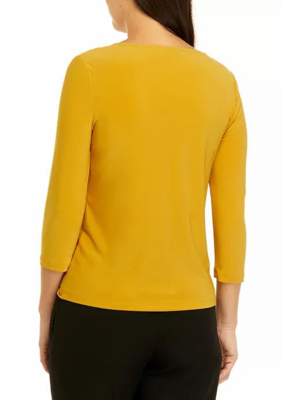 Women * | Buy Kasper Petite 3/4 Sleeve Criss Cross Neck Top Marigold