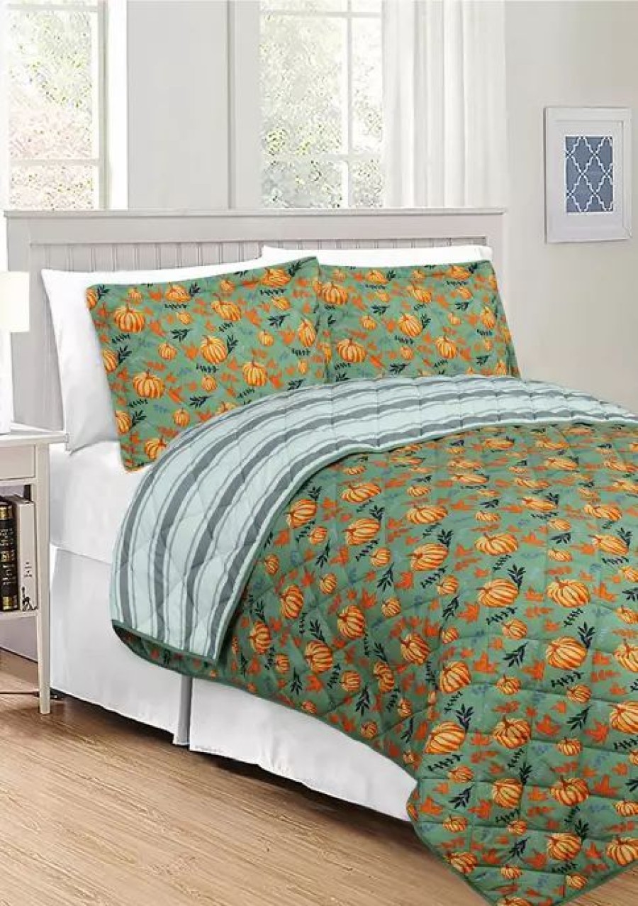 Bed & Bath * | Promo Modern. Southern. Home. Harvest Pumpkin Reversible 3-Piece Quilt Set Green