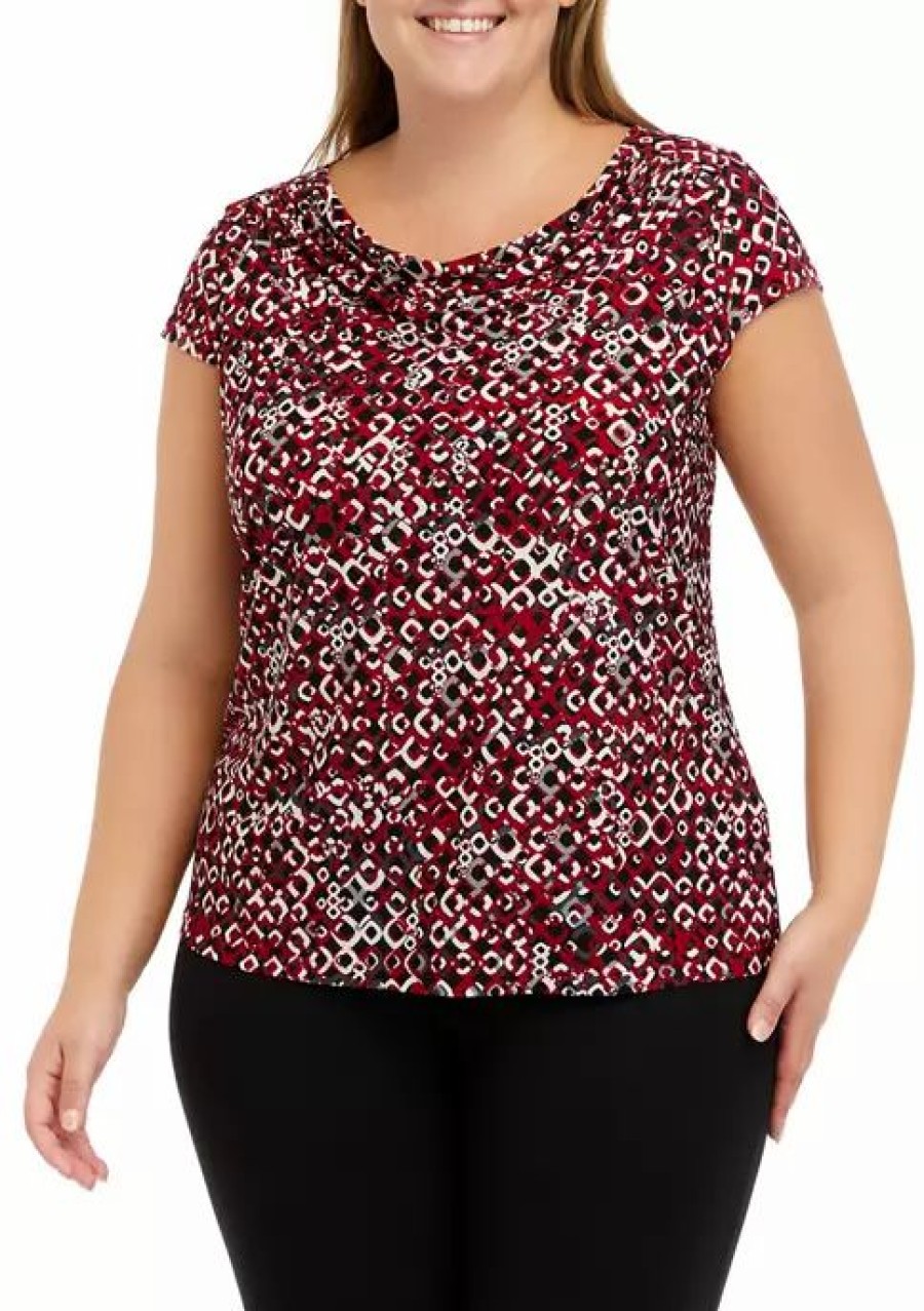 Women * | Brand New Kasper Plus Size Short Sleeve Cowl Neck Printed Top Fire Red/Pebble Combo