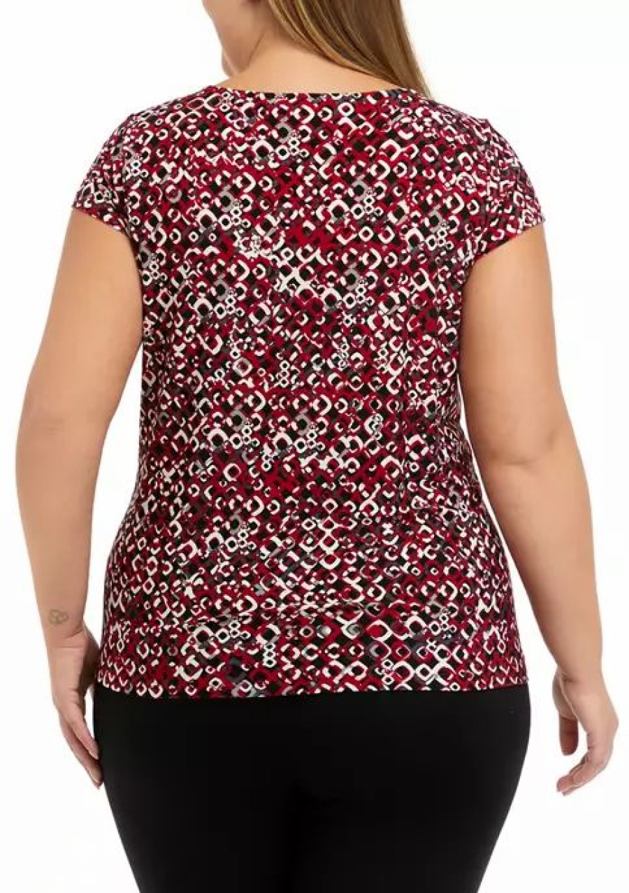 Women * | Brand New Kasper Plus Size Short Sleeve Cowl Neck Printed Top Fire Red/Pebble Combo