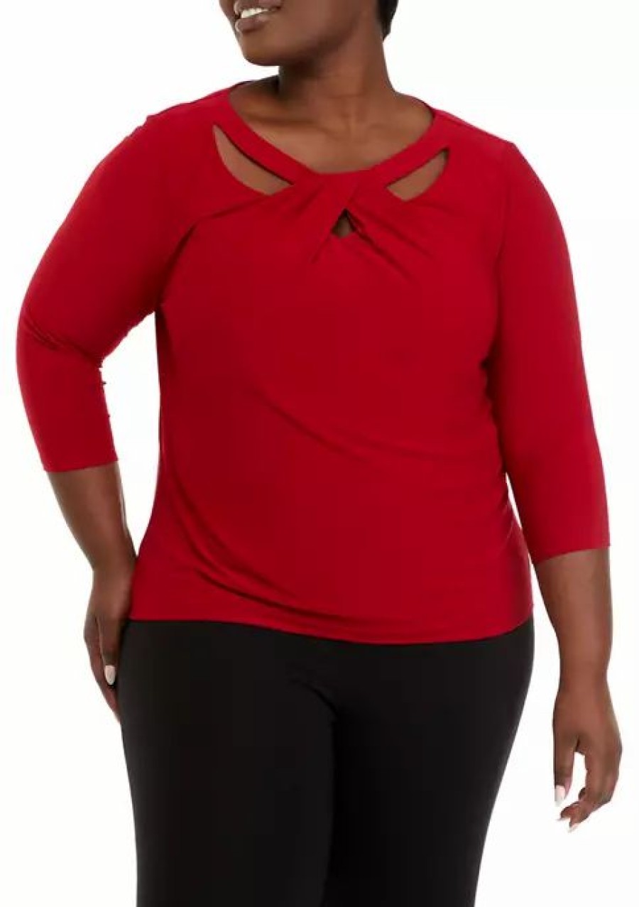 Women * | Brand New Kasper Plus Size Three-Quarter Sleeve Criss-Cross Neck Top Fire Red