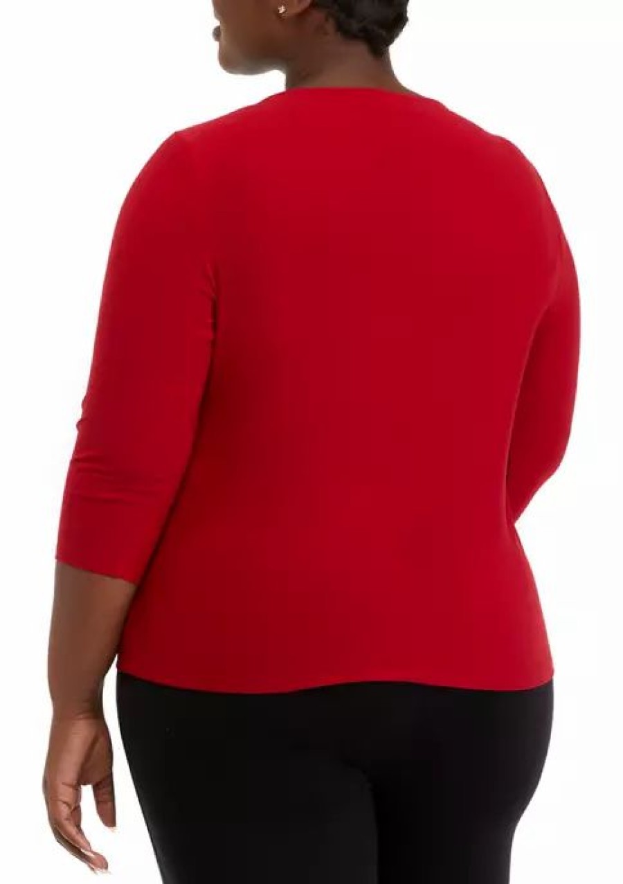 Women * | Brand New Kasper Plus Size Three-Quarter Sleeve Criss-Cross Neck Top Fire Red