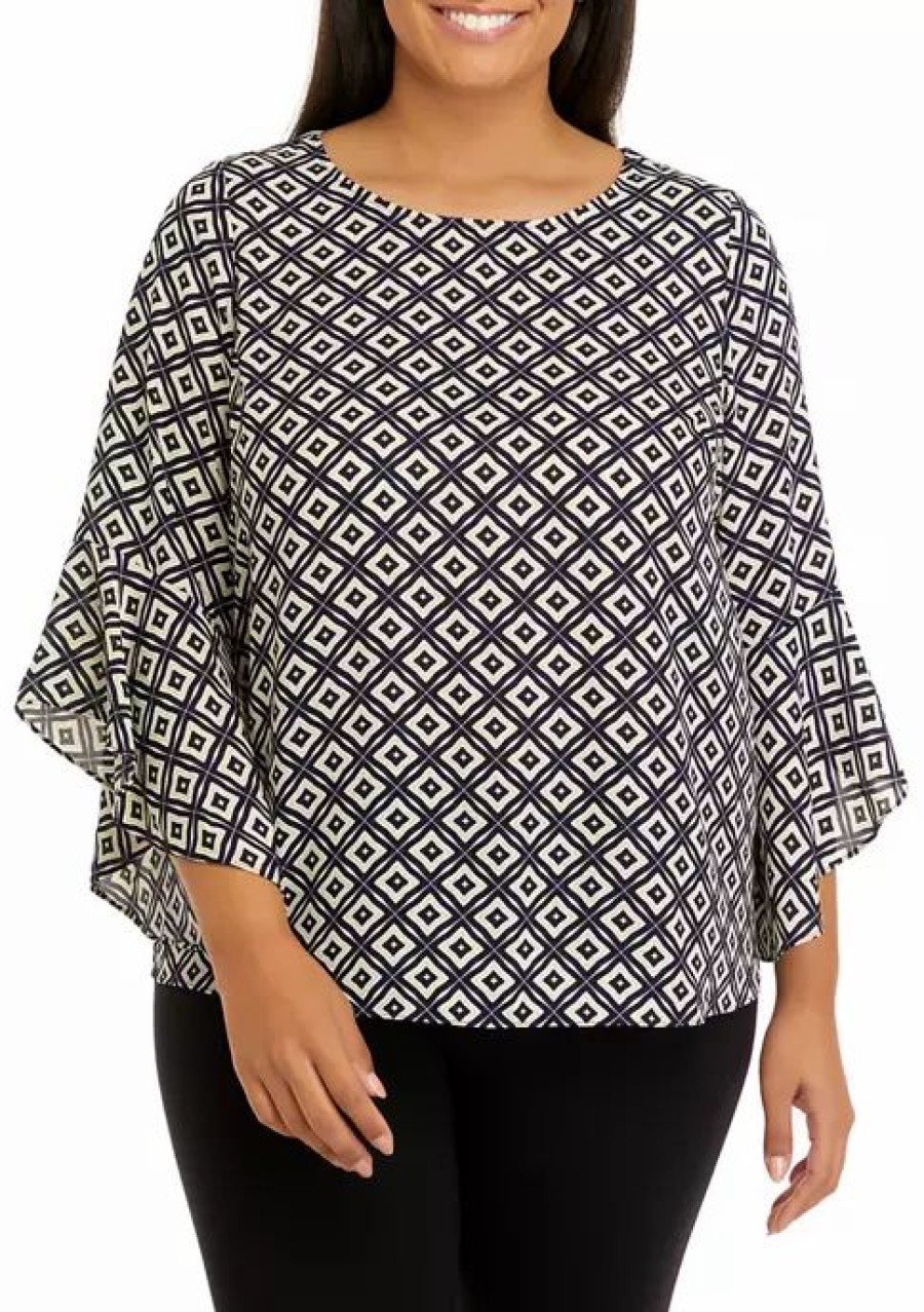 Women * | Best Sale Kasper Plus Size 3/4 Bell Sleeve Geometric Print Blouse Kasper Navy Multi