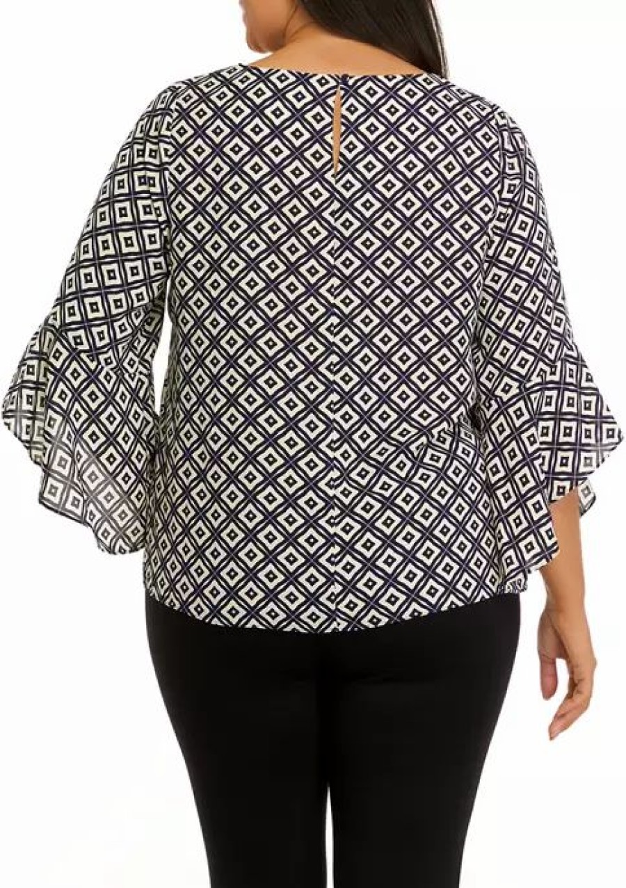 Women * | Best Sale Kasper Plus Size 3/4 Bell Sleeve Geometric Print Blouse Kasper Navy Multi