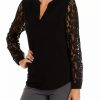 Women * | Top 10 Kasper Women'S Long Sleeve Split Neck Top With Lace Sleeves Black