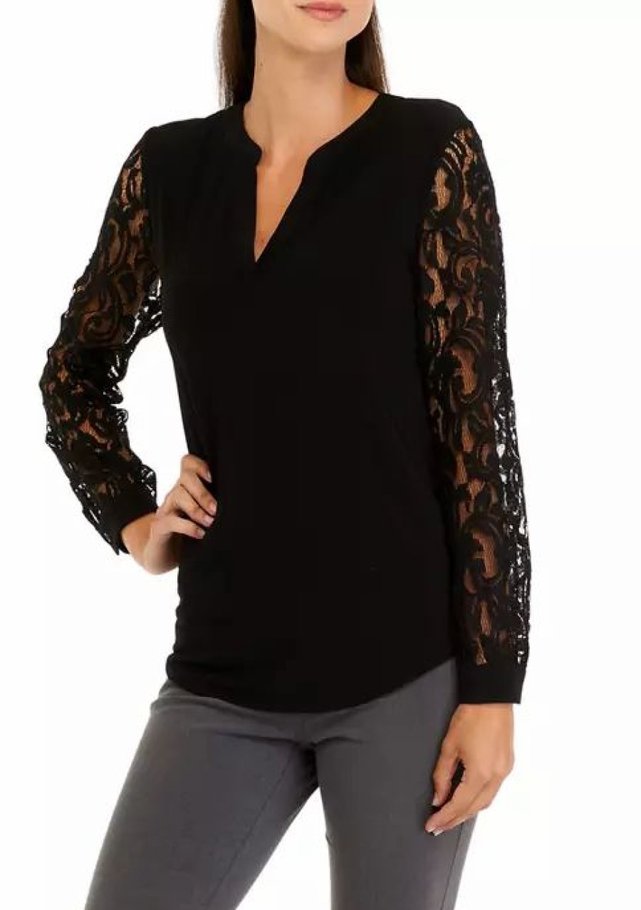 Women * | Top 10 Kasper Women'S Long Sleeve Split Neck Top With Lace Sleeves Black