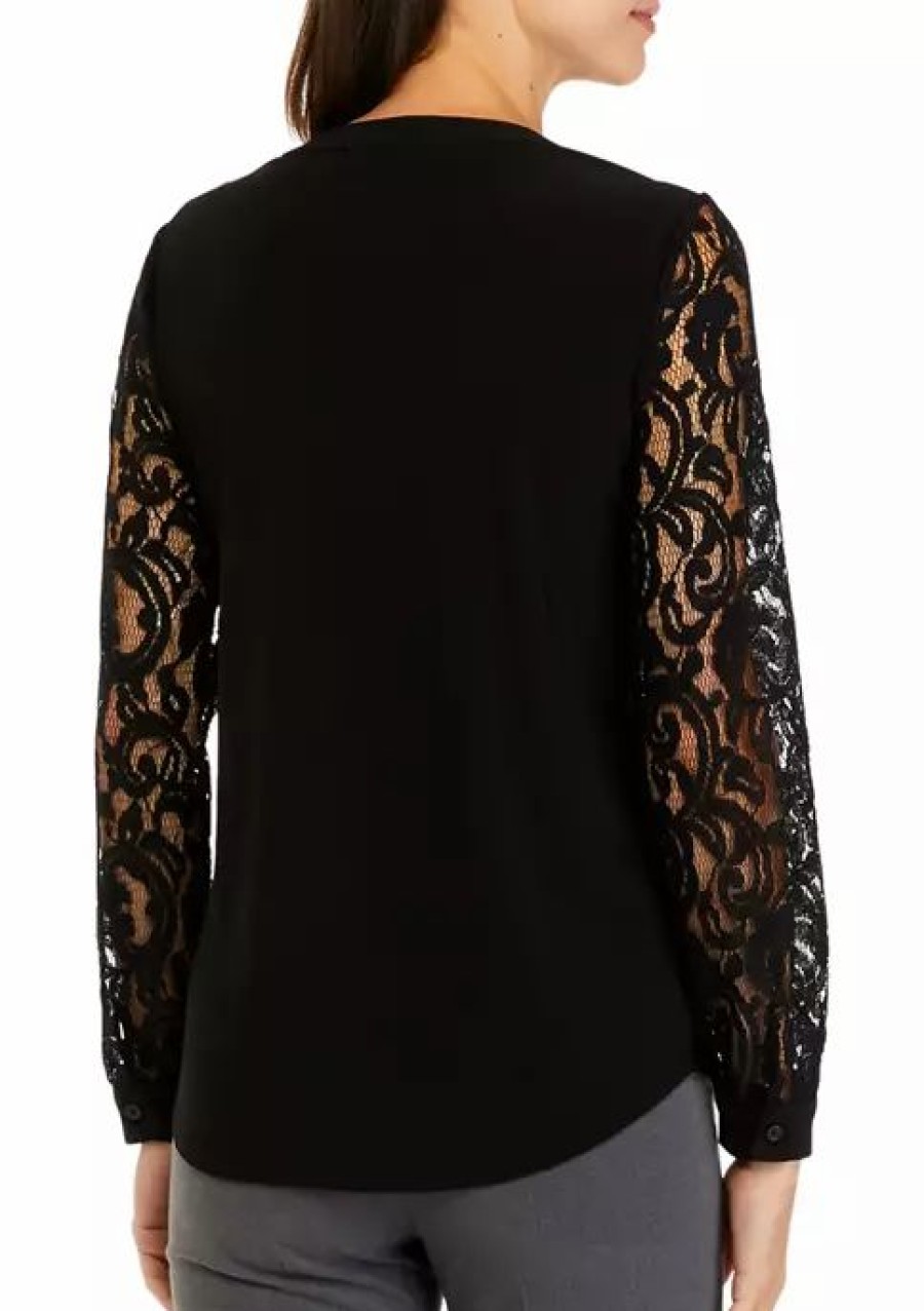 Women * | Top 10 Kasper Women'S Long Sleeve Split Neck Top With Lace Sleeves Black