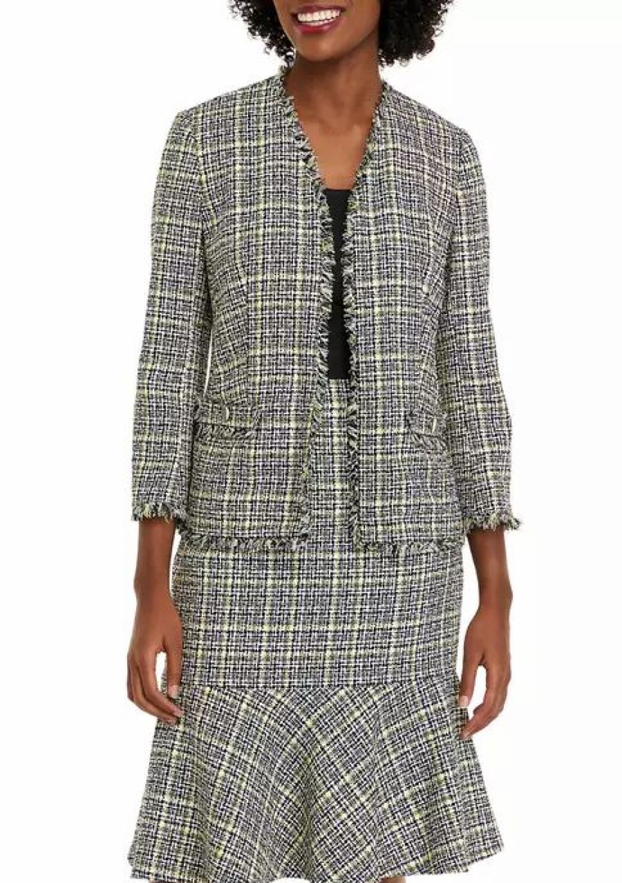 Women * | Deals Kasper Women'S Long Sleeve Front Pocket Open Tweed Jacket Pale Yellow Multi