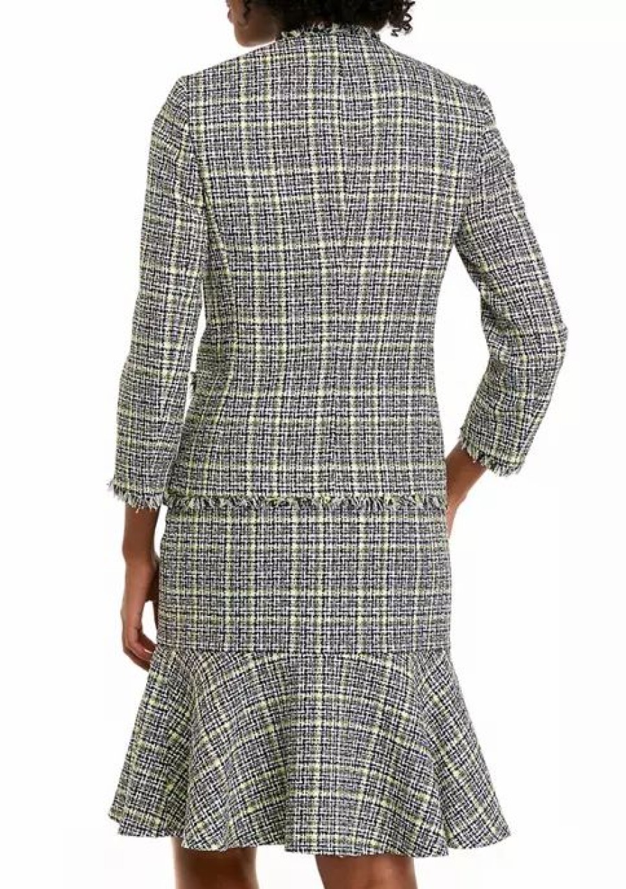 Women * | Deals Kasper Women'S Long Sleeve Front Pocket Open Tweed Jacket Pale Yellow Multi