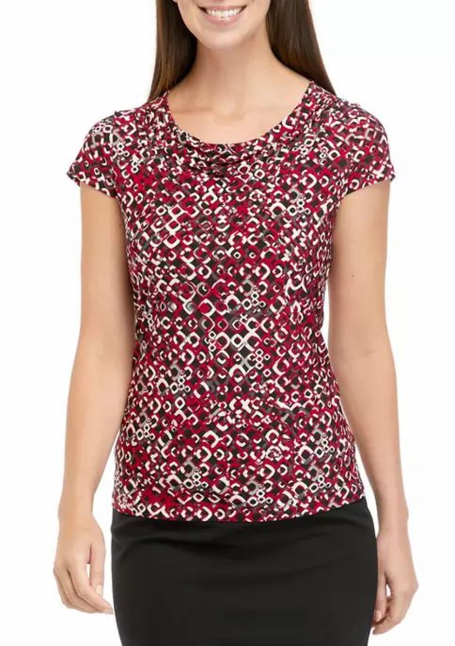 Women * | New Kasper Women'S Short Sleeve Geometric Print Top Fire Red/Pebble Combo