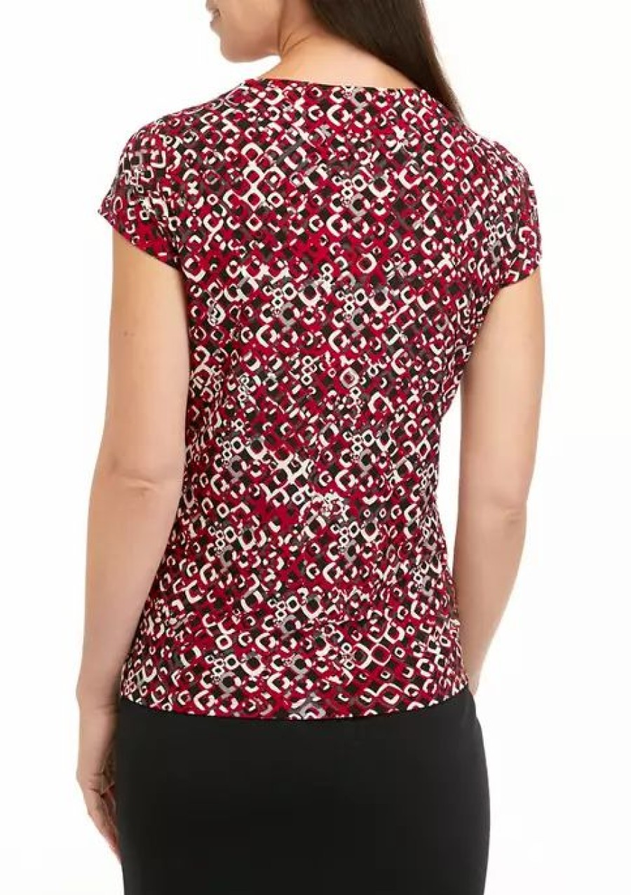 Women * | New Kasper Women'S Short Sleeve Geometric Print Top Fire Red/Pebble Combo