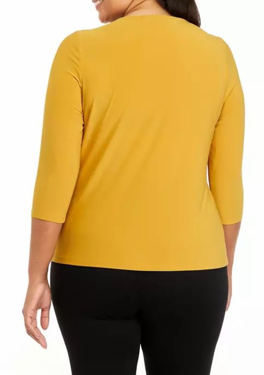 Women * | Cheapest Kasper Plus Size 3/4 Sleeve Criss-Cross Neck Top Marigold