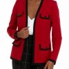 Women * | Cheapest Kasper Women'S Long Sleeve Contrast Pocket Open Front Jacket Fire Red/Black