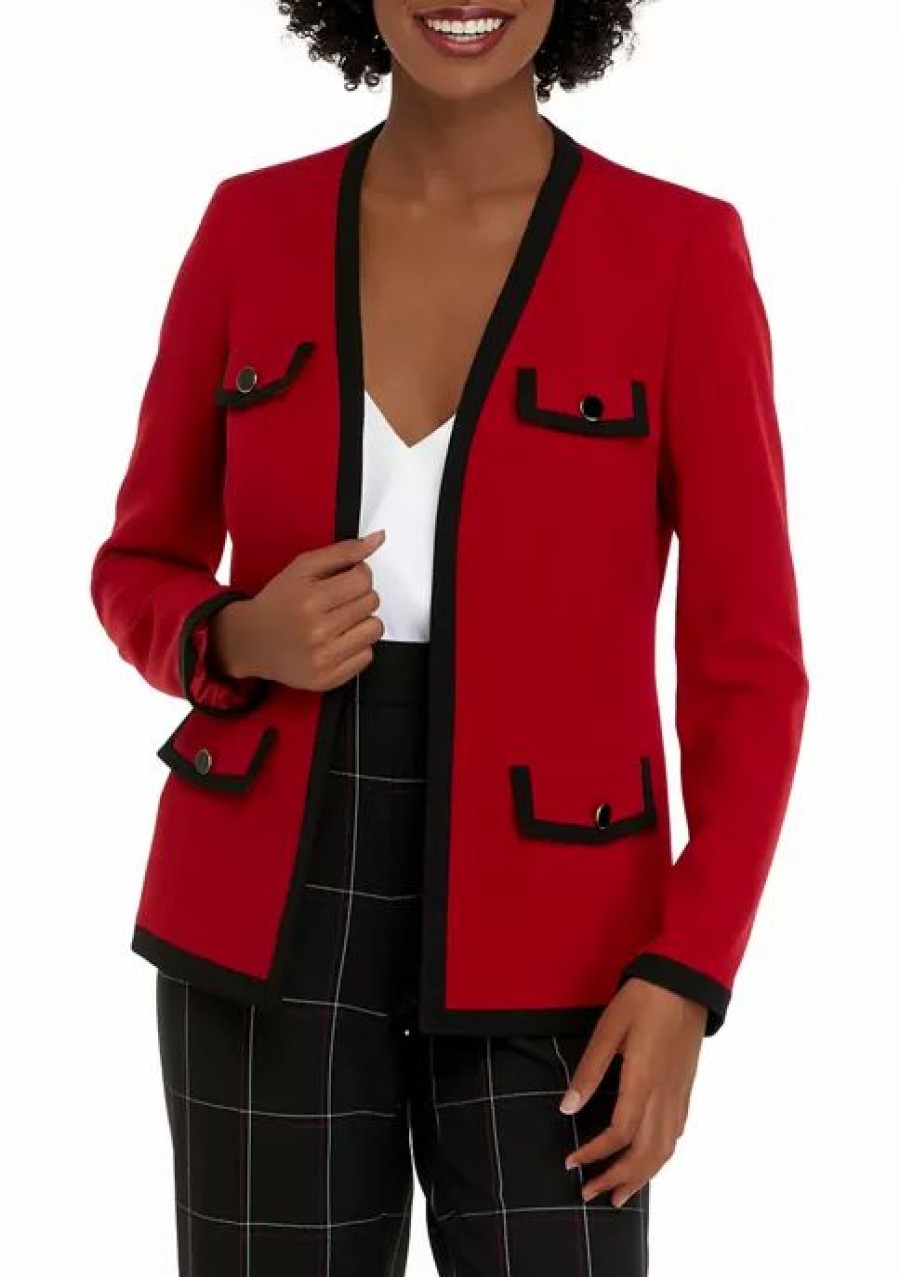 Women * | Cheapest Kasper Women'S Long Sleeve Contrast Pocket Open Front Jacket Fire Red/Black