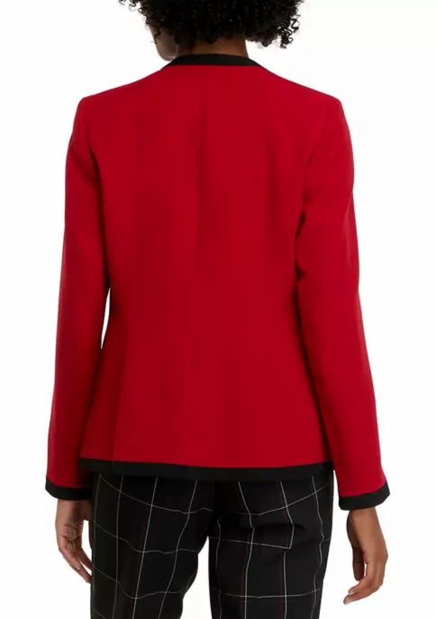 Women * | Cheapest Kasper Women'S Long Sleeve Contrast Pocket Open Front Jacket Fire Red/Black