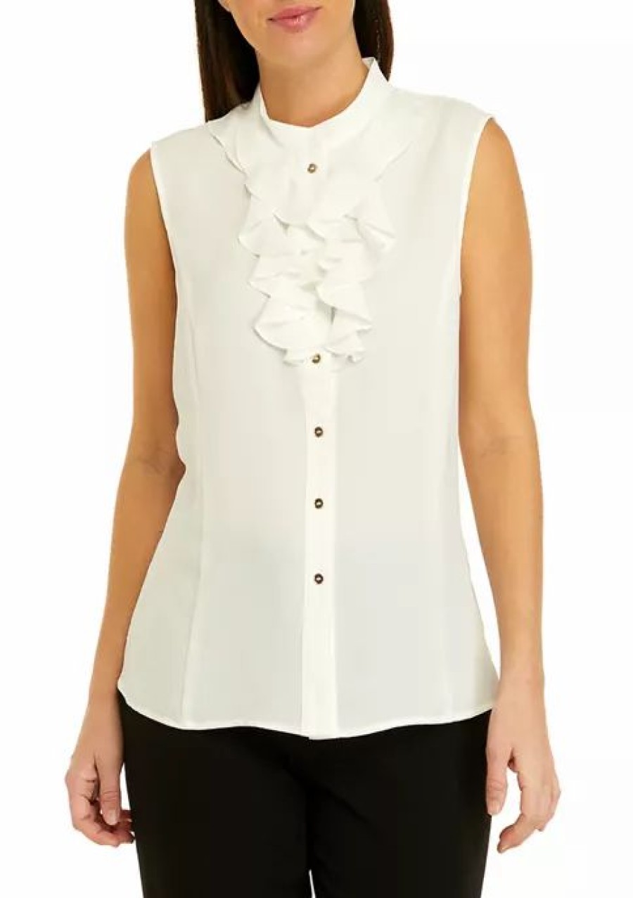 Women * | Hot Sale Kasper Women'S Sleeveless Ruffle Tie Front Solid Blouse Lily White