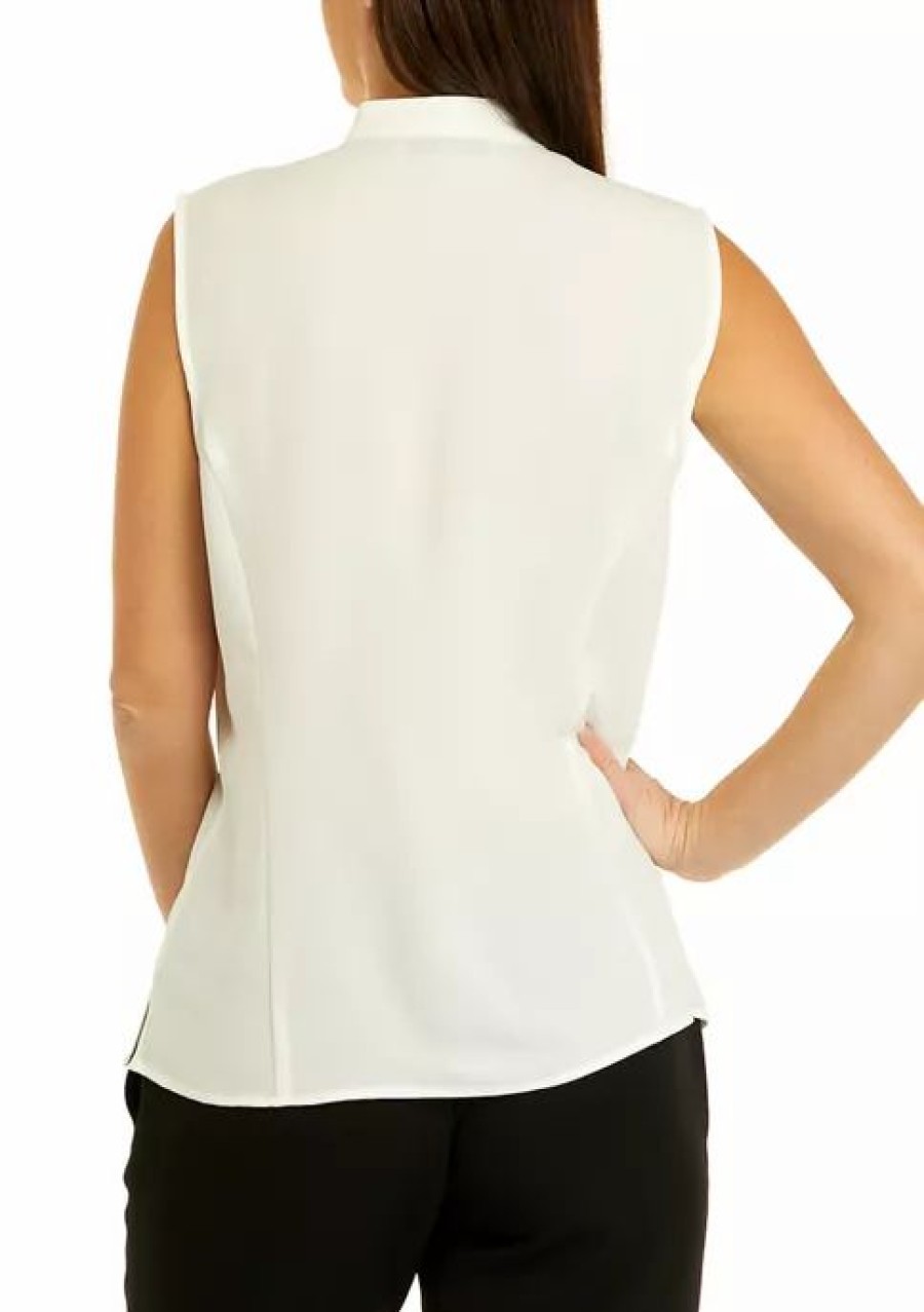 Women * | Hot Sale Kasper Women'S Sleeveless Ruffle Tie Front Solid Blouse Lily White