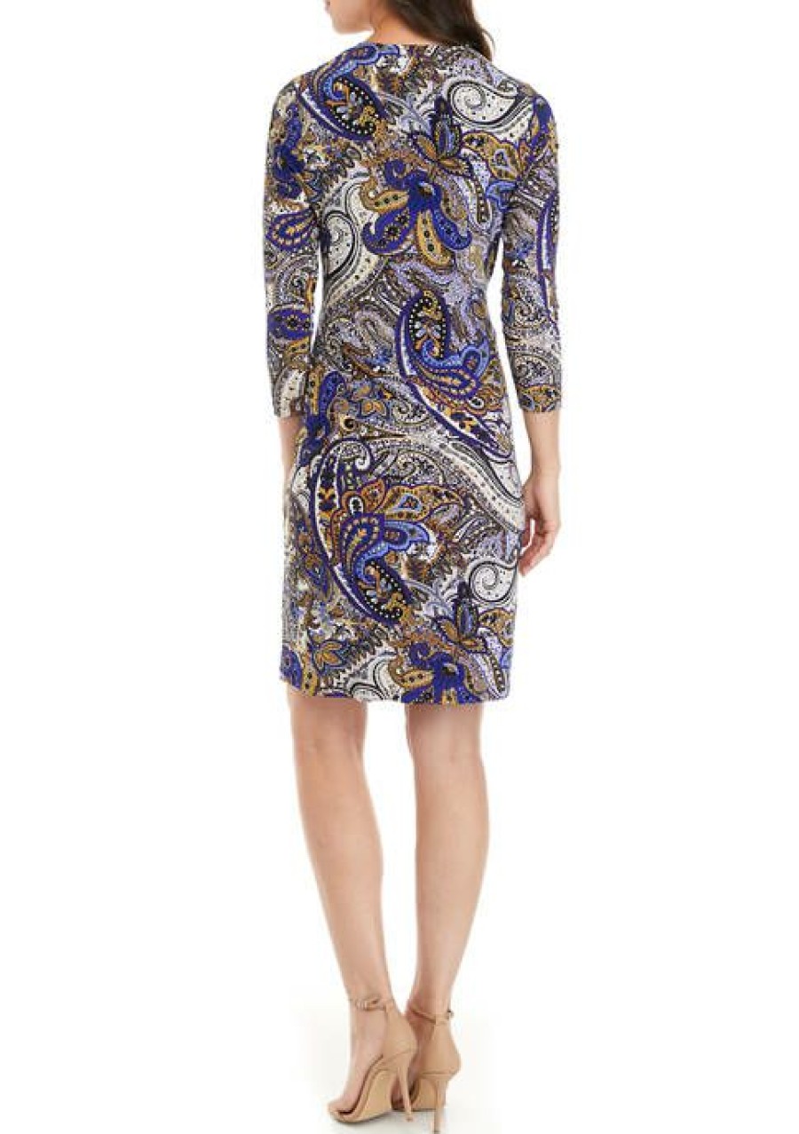 Women * | Cheapest Kasper Women'S 3/4 Sleeve Side Buckle Surplice Paisley Print Sheath Dress Royal Blue/Marigold Combo