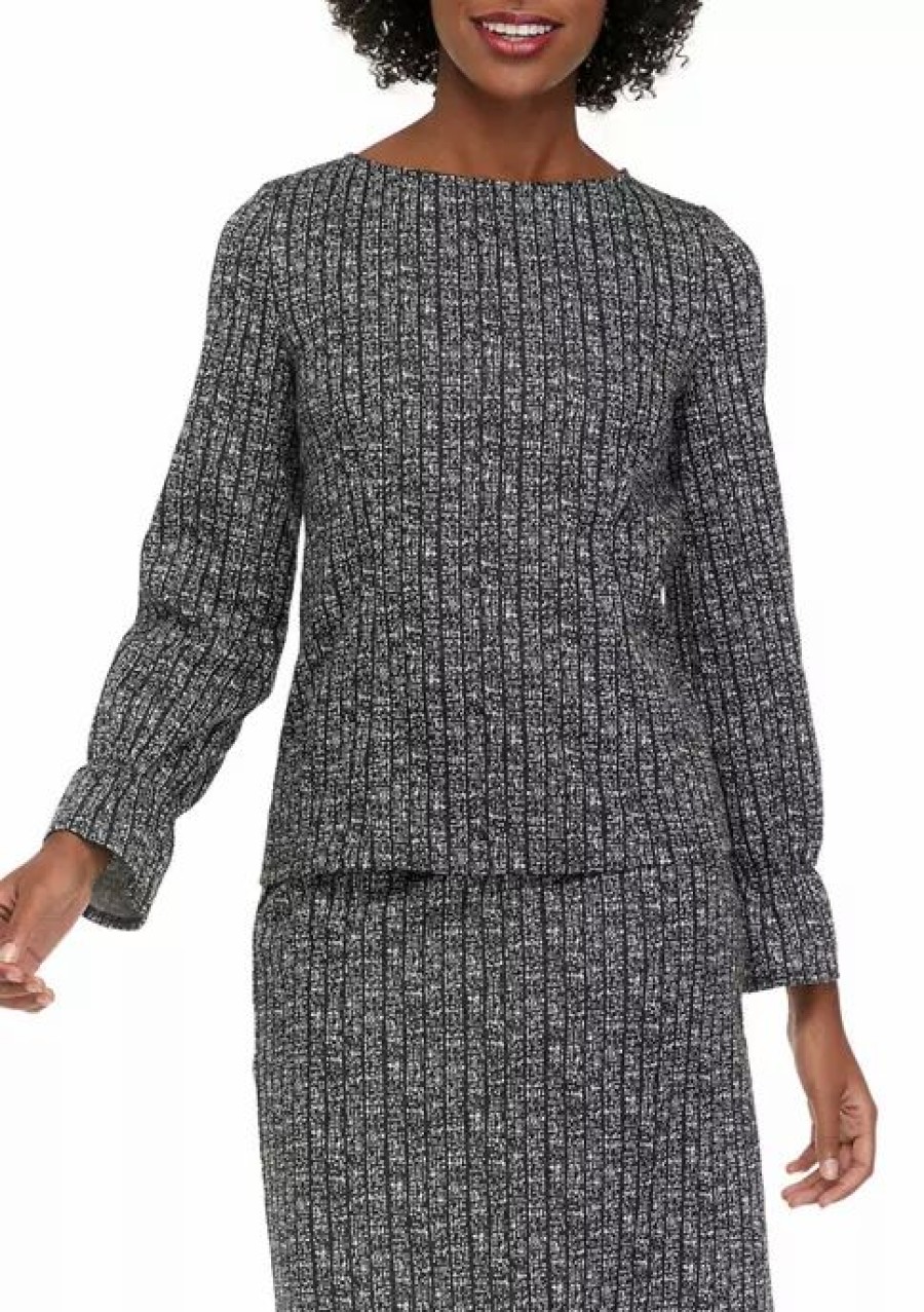 Women * | Promo Kasper Women'S Long Sleeve Textured Knit Top Black/Vanilla Ice