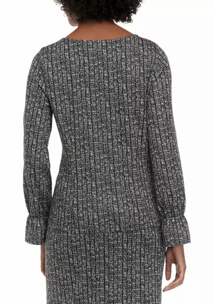 Women * | Promo Kasper Women'S Long Sleeve Textured Knit Top Black/Vanilla Ice