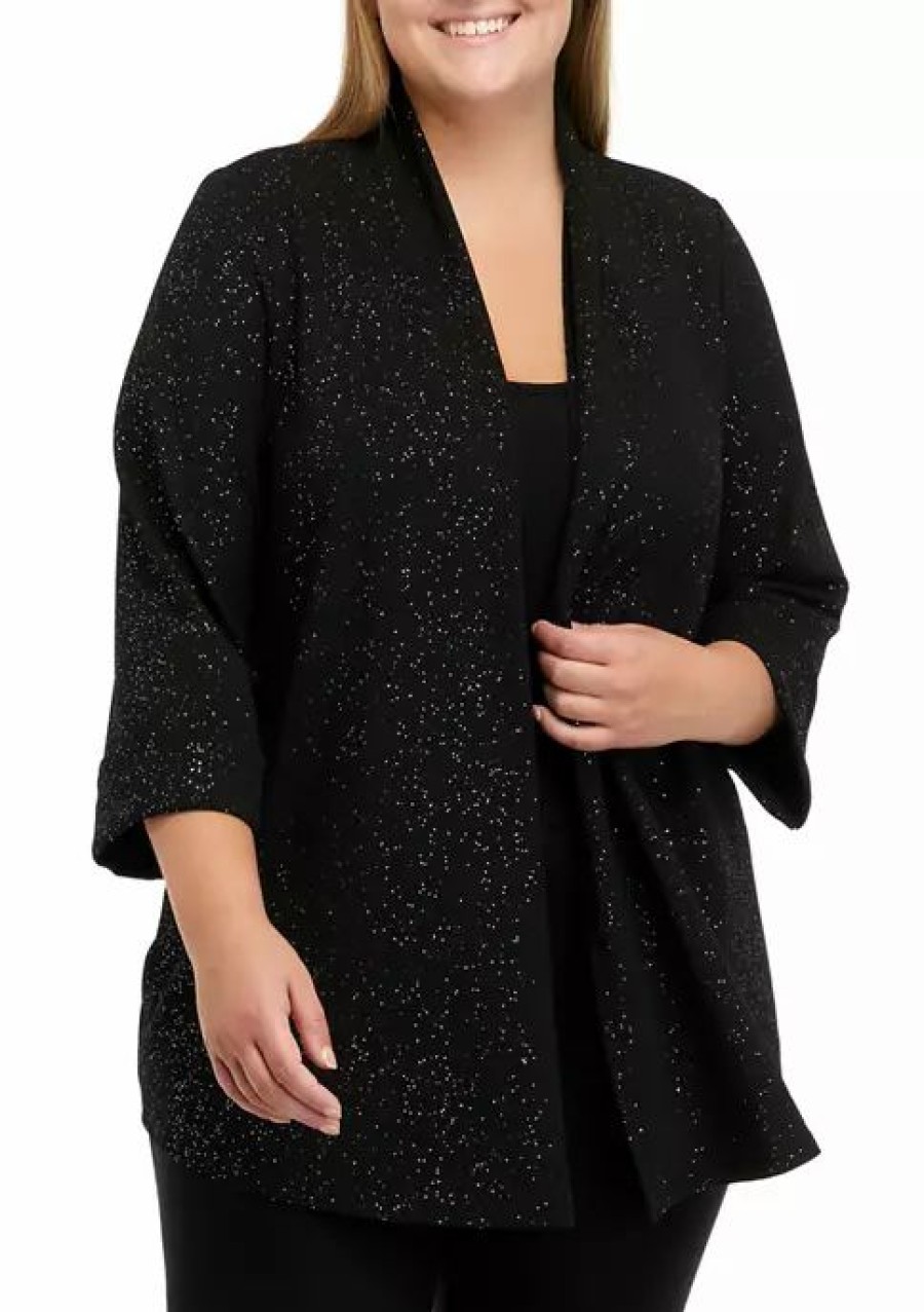 Women * | Brand New Kasper Plus Size 3/4 Sleeve Cardigan With Stretch Cross Hatch Black/Silver